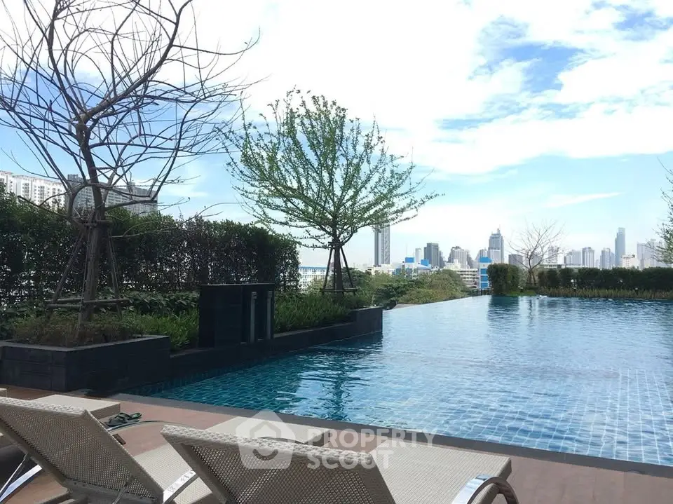 Luxurious rooftop pool with stunning city skyline view, perfect for relaxation and leisure.