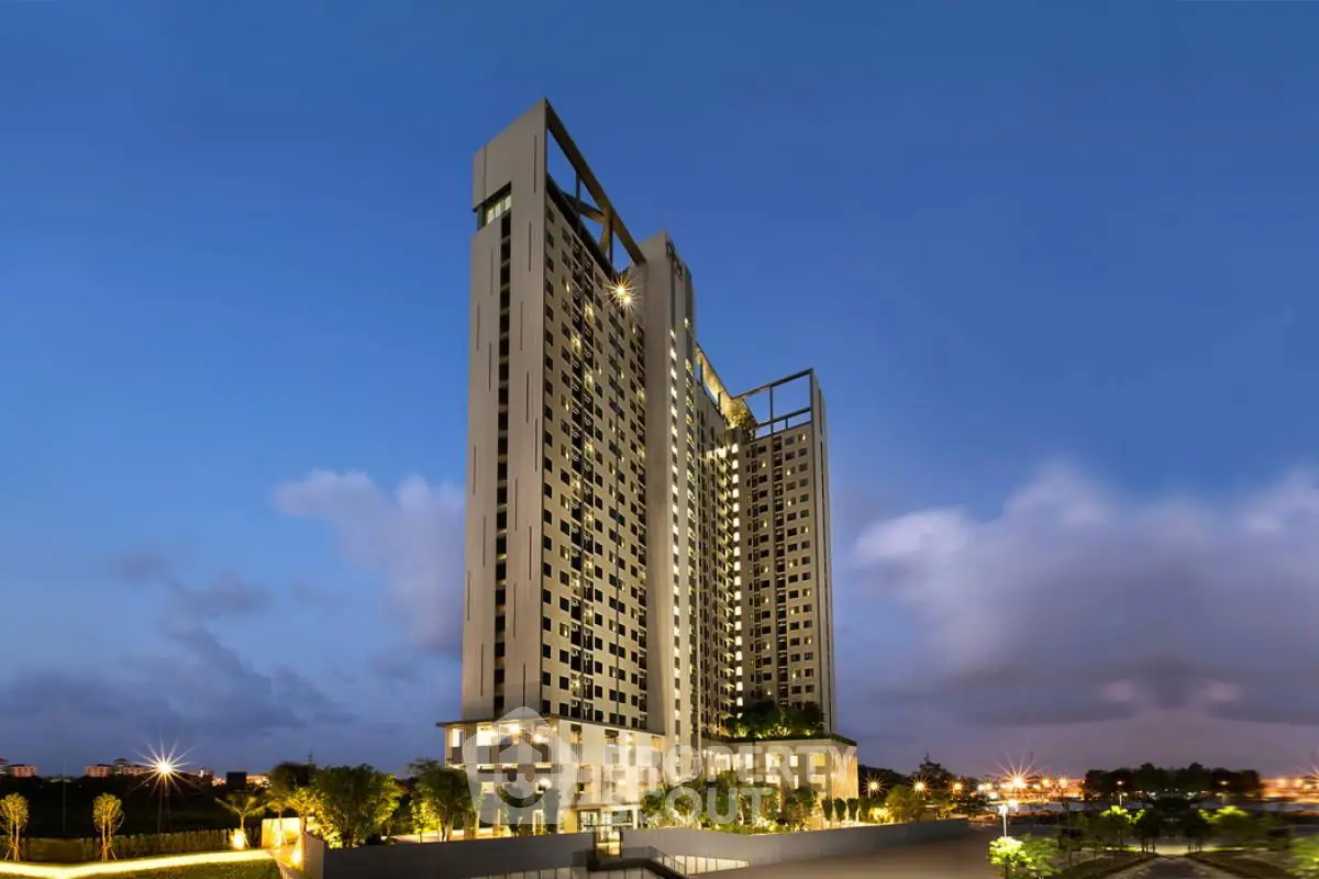 Stunning high-rise building with modern architecture and scenic evening view.