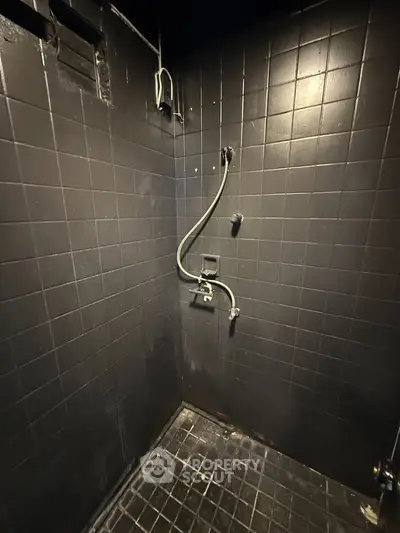 Modern minimalist black tiled shower area with sleek fixtures