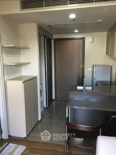 Modern apartment entrance with compact kitchen and washing machine