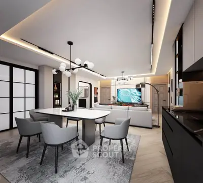 Luxurious modern living room with elegant dining area and stylish decor