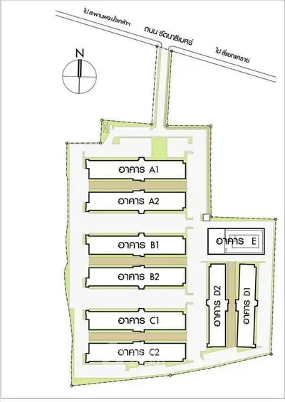 Detailed schematic plan of a residential complex with multiple buildings labeled A1 to E.