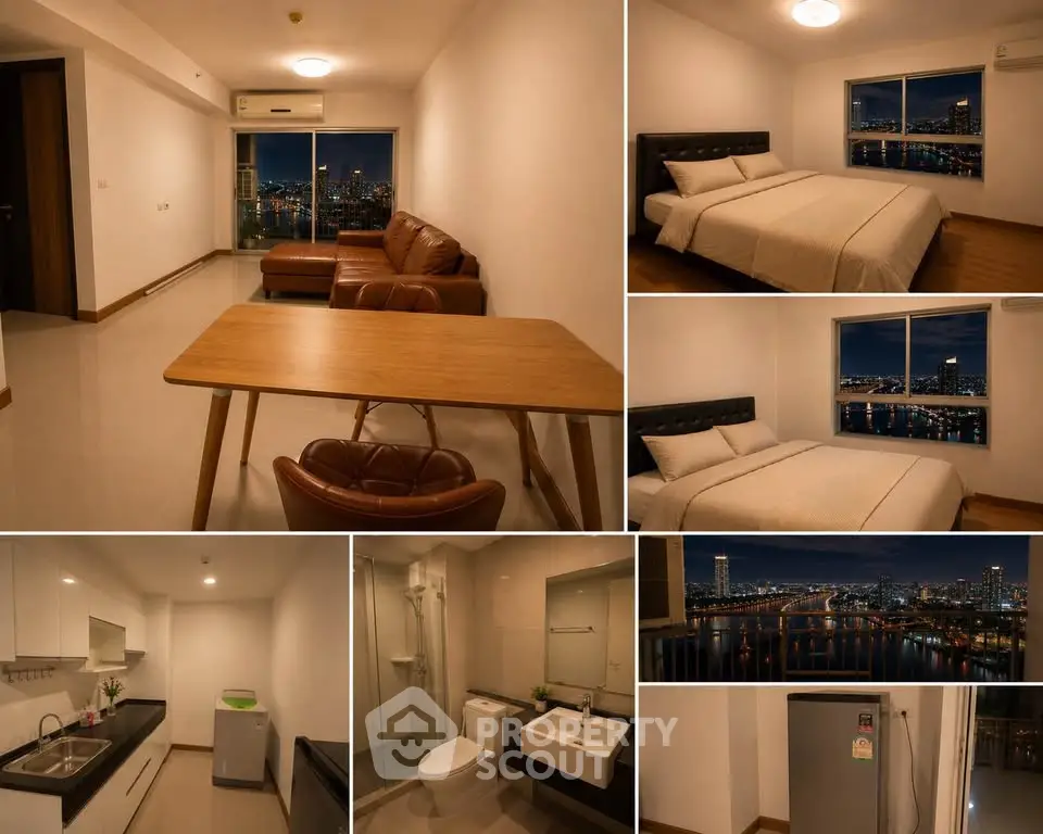 Luxurious city apartment with stunning night views, modern kitchen, and elegant bedroom.