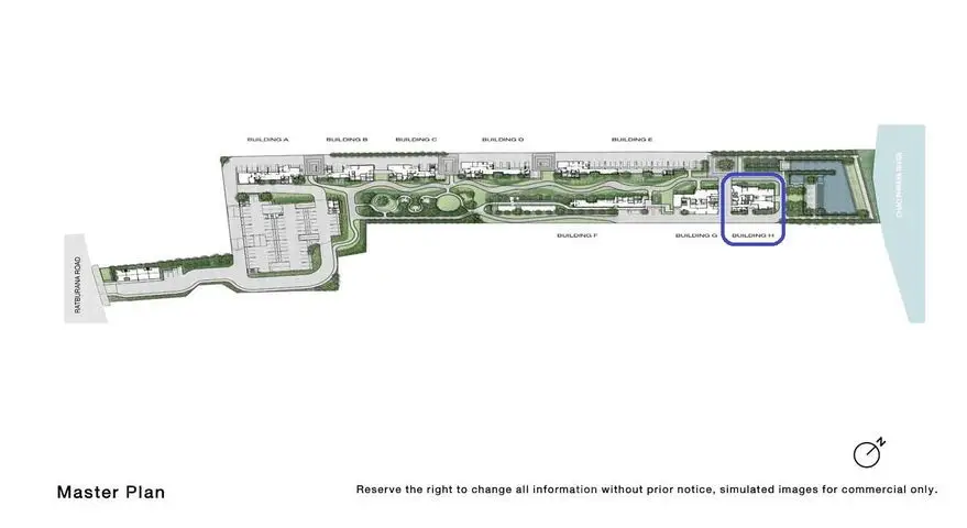 Master plan layout of residential complex with buildings and green spaces.