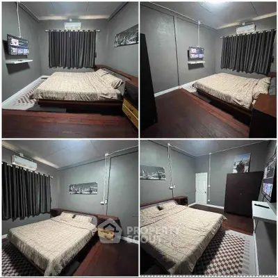 Cozy bedroom with modern decor, featuring a comfortable bed, wall-mounted TV, and stylish curtains.