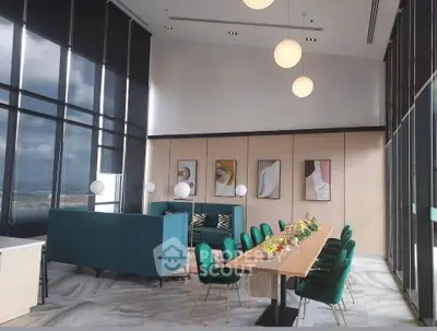 Luxurious modern dining area with high ceilings and elegant decor in a stylish apartment.