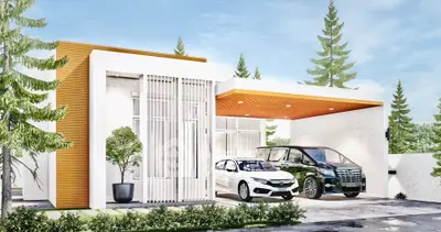 Modern single-story home with sleek design and spacious carport in a serene setting.