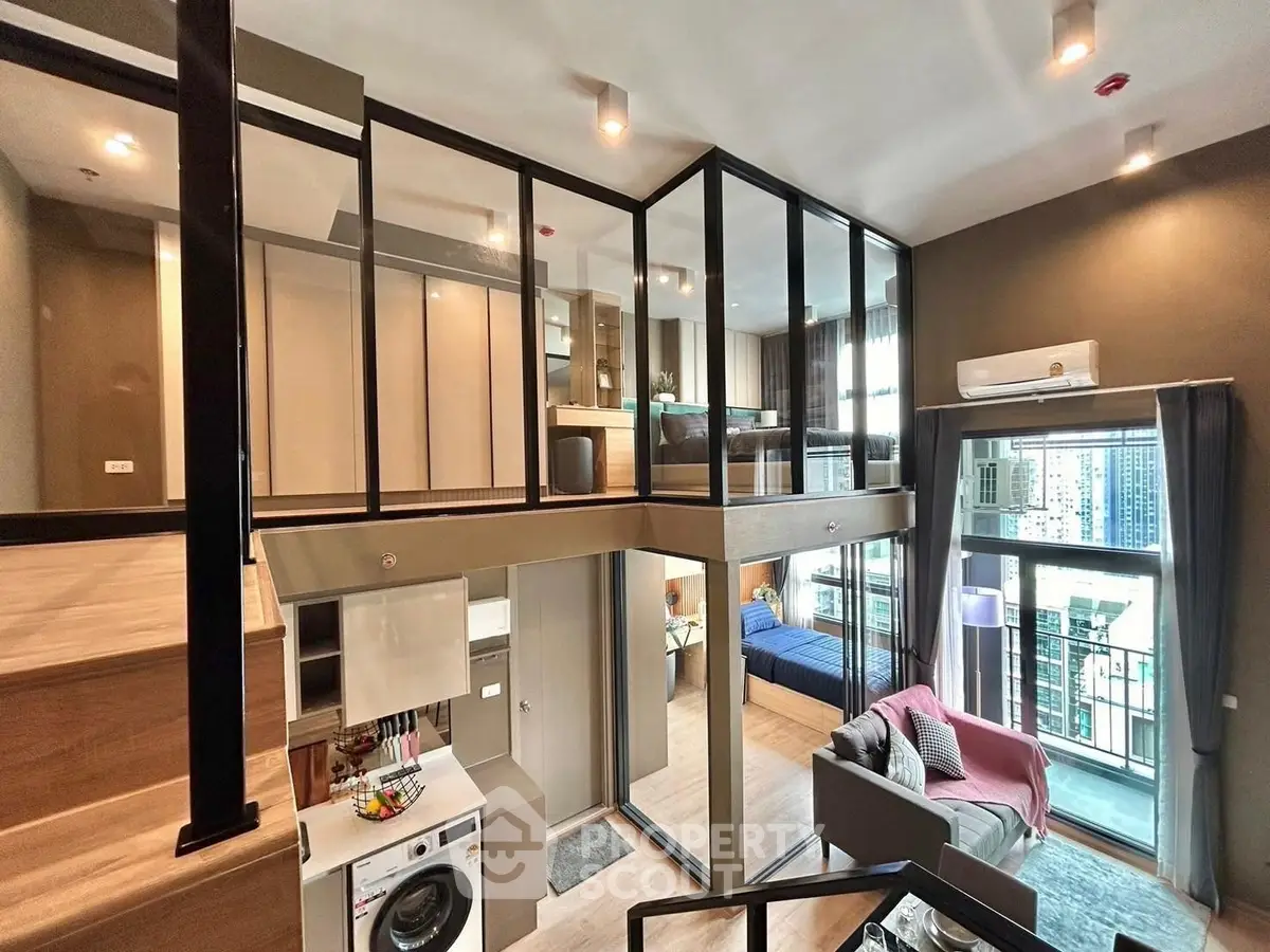 Modern loft apartment with mezzanine, stylish living area, and balcony view.