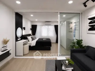 Modern bedroom with stylish decor and open layout in a contemporary apartment.