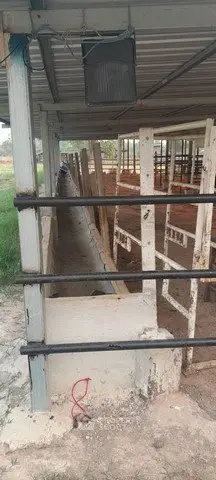 Spacious agricultural property with sturdy livestock pens and open-air design, ideal for farming operations.