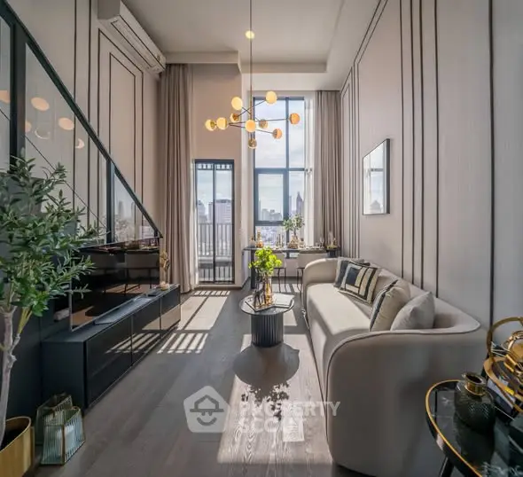 Luxurious modern living room with high ceilings and city view, featuring elegant decor and natural light.