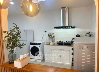 Modern kitchen with sleek appliances, gas stove, and stylish decor in a cozy home setting.