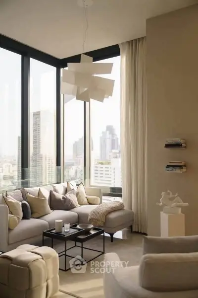 Luxurious corner living room with panoramic city views and modern decor