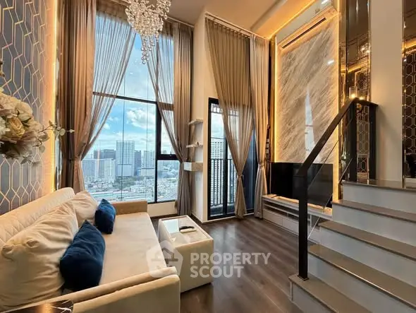 Luxurious high-ceiling living room with stunning city view and elegant decor
