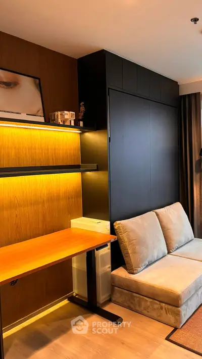 Modern living room with stylish furniture and warm lighting