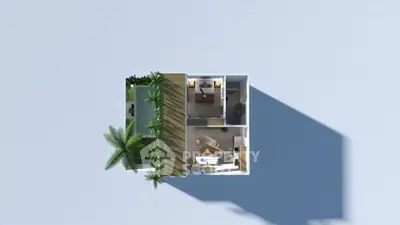 Modern architectural floor plan with open layout and lush greenery, ideal for urban living.
