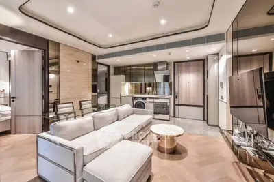 Luxurious modern living room with open kitchen and elegant decor