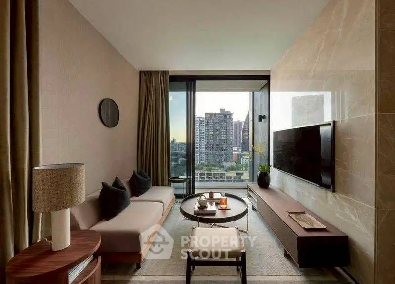 Modern living room with city view, sleek furniture, and large TV.