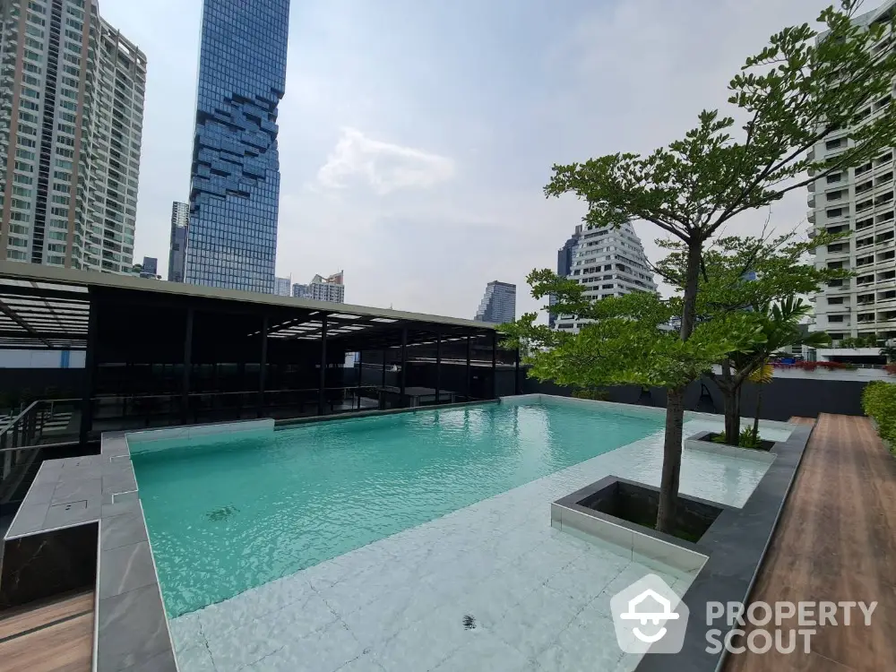 Luxurious rooftop pool with stunning cityscape views in modern high-rise building