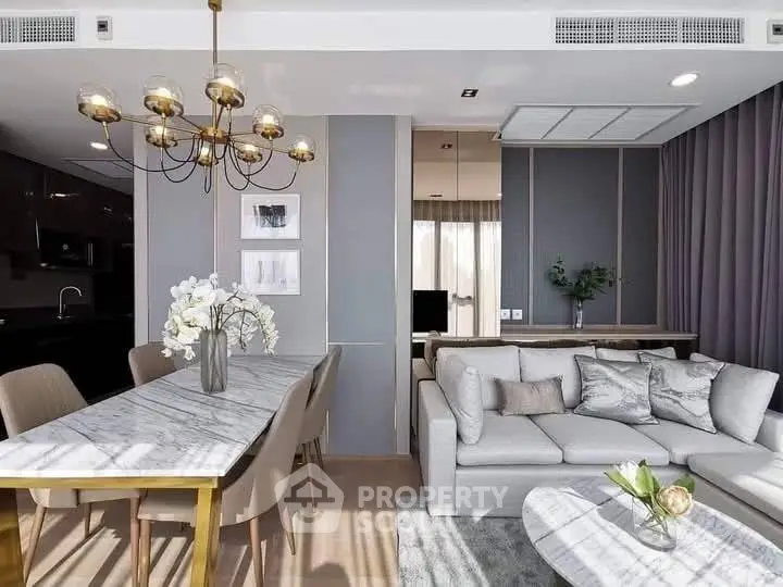 Luxurious modern living room with elegant dining area and stylish decor
