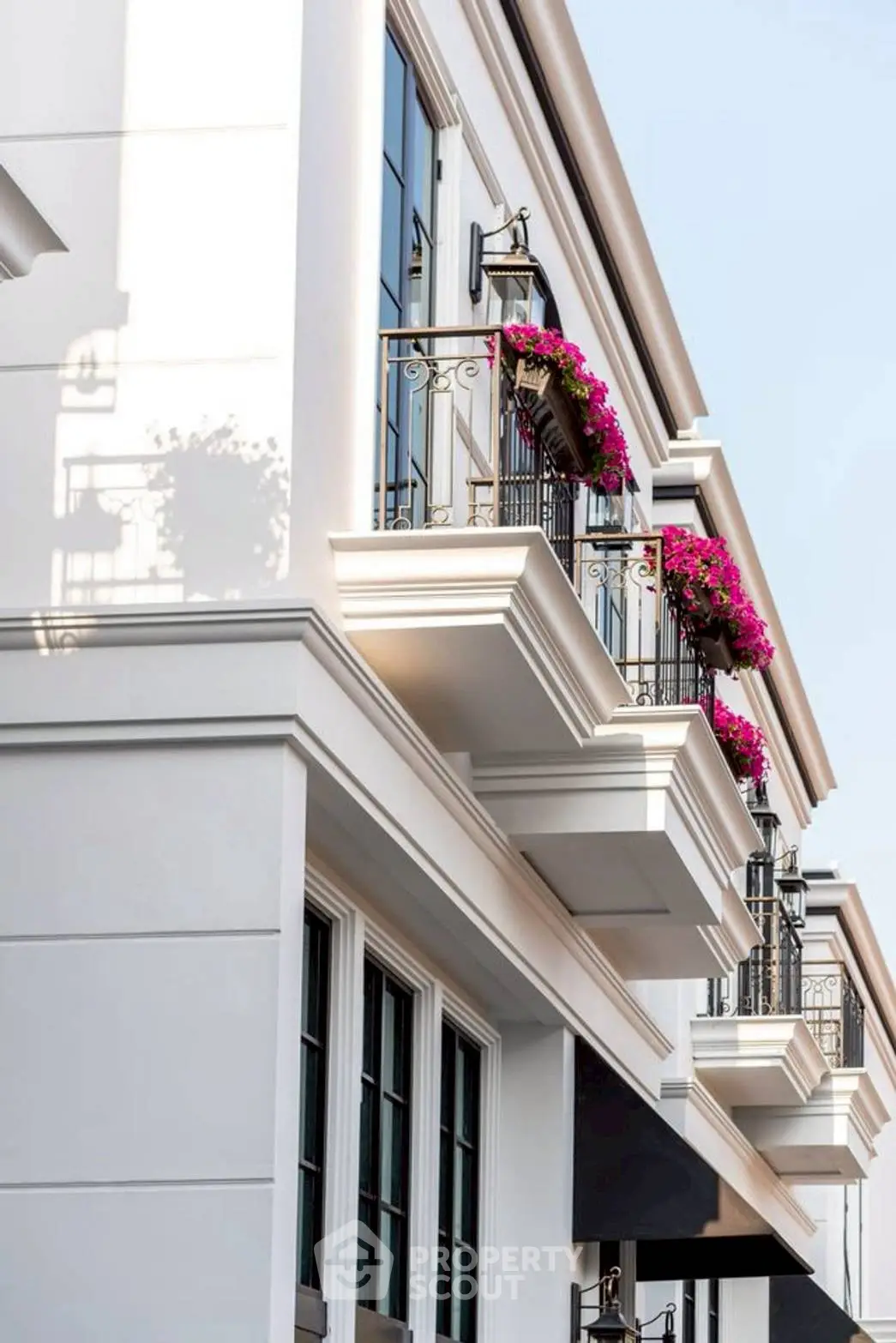 Elegant building facade with charming balconies and vibrant flowers