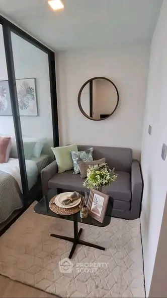 Cozy small living room with modern decor and a stylish mirror