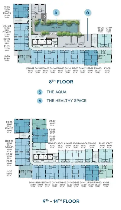 Floor plan layout for 8th to 14th floors with amenities highlighted.