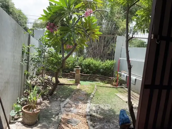 Charming garden view with lush greenery and stone pathway in a serene backyard setting.