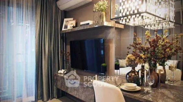 Luxurious living room with elegant decor and modern TV setup