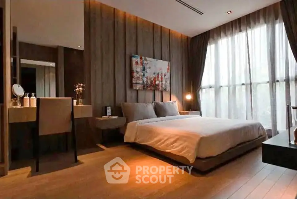 Luxurious modern bedroom with floor-to-ceiling windows and elegant decor