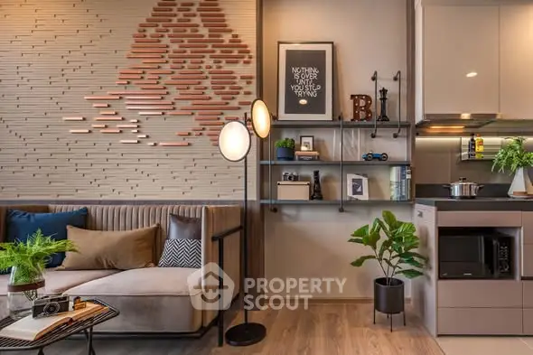 Modern living room with stylish decor and open kitchen layout