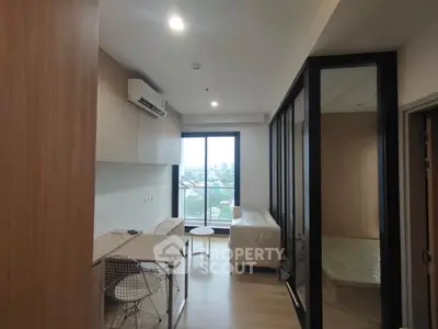 Modern apartment interior with open layout and city view