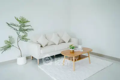 Minimalist living room with white sofa, wooden coffee table, and potted plant.