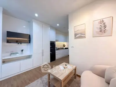Modern living room with sleek white cabinetry and cozy seating area