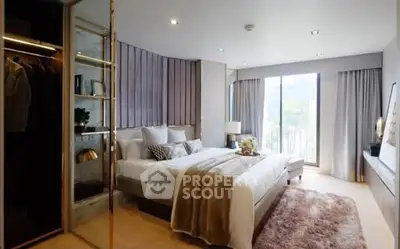 Luxurious bedroom with modern decor and large windows offering natural light.