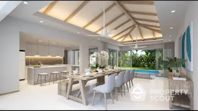 Luxurious open-plan dining area with pool view and modern kitchen.