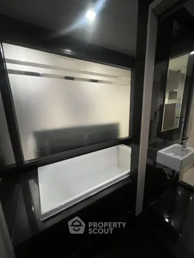 Luxurious modern bathroom with sleek black tiles and elegant bathtub