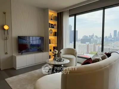Luxurious living room with stunning city view, modern decor, and elegant furniture in high-rise apartment.