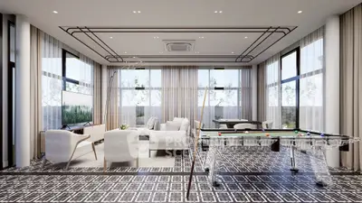 Luxurious modern living room with pool table and stylish decor