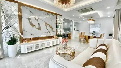 Luxurious modern living room with elegant decor and open layout