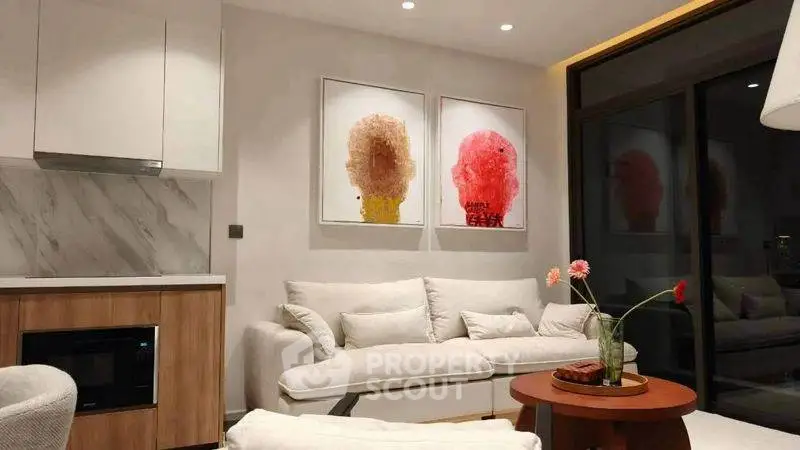 Modern living room with stylish decor and cozy seating area
