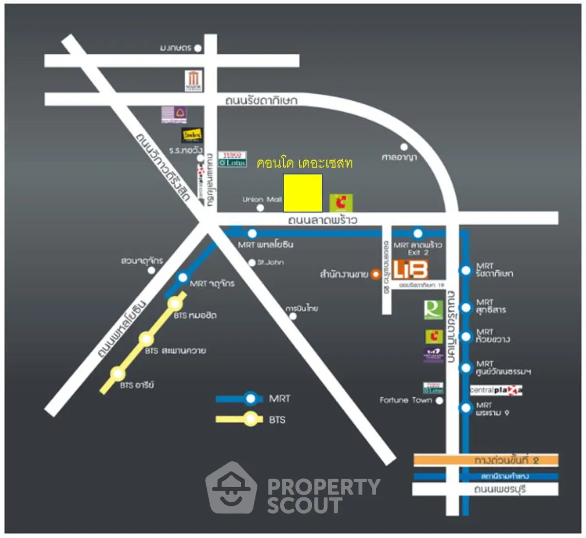 Map showing location of condo near MRT and BTS stations in vibrant city area.