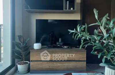 Modern living room with sleek TV stand and indoor plants