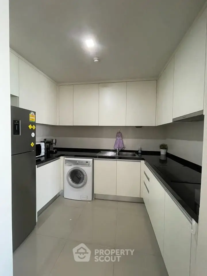 Modern kitchen with sleek cabinetry and built-in washing machine
