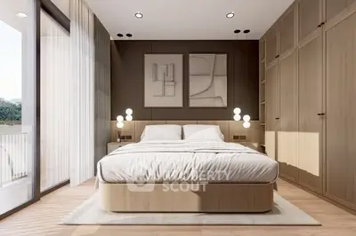 Luxurious modern bedroom with elegant wooden furnishings and large windows for natural light.
