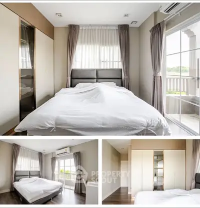 Spacious bedroom with large windows and balcony access, featuring modern decor and ample natural light.