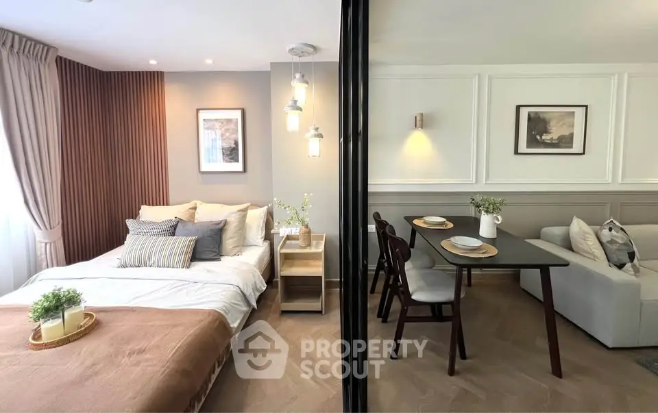 Modern studio apartment with cozy bedroom and stylish dining area