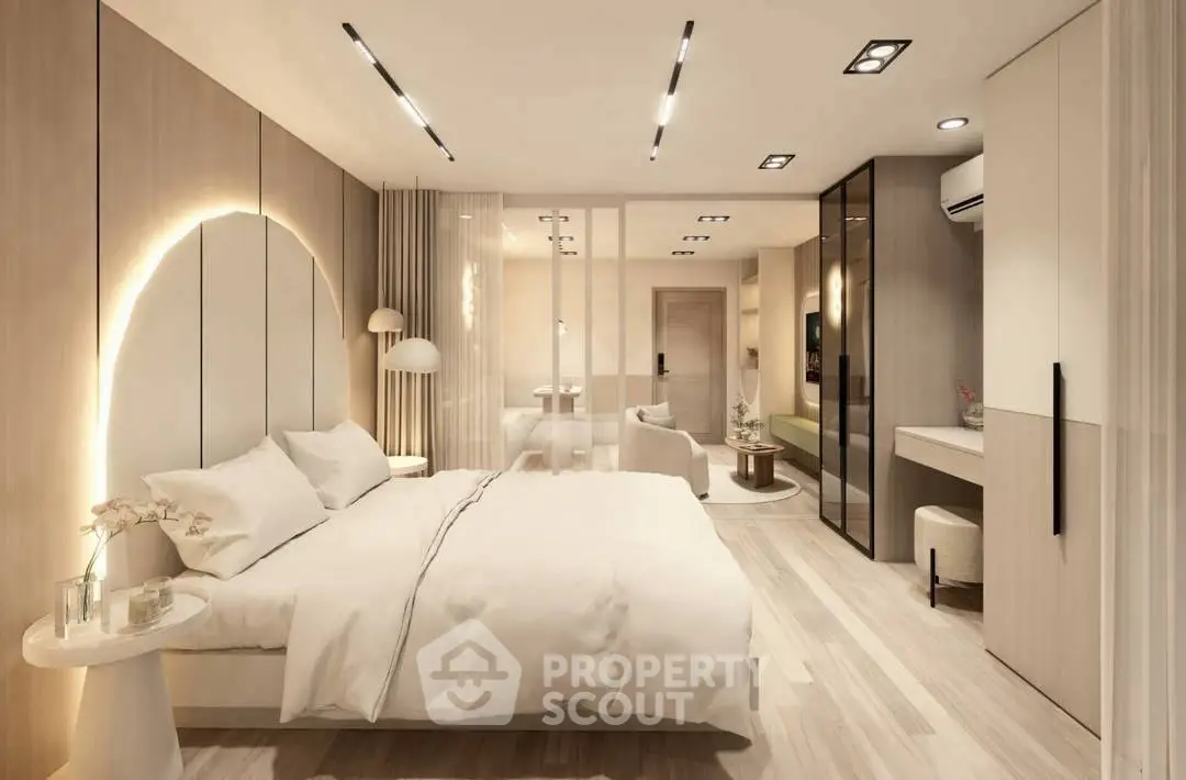 Luxurious modern bedroom with elegant lighting and stylish decor
