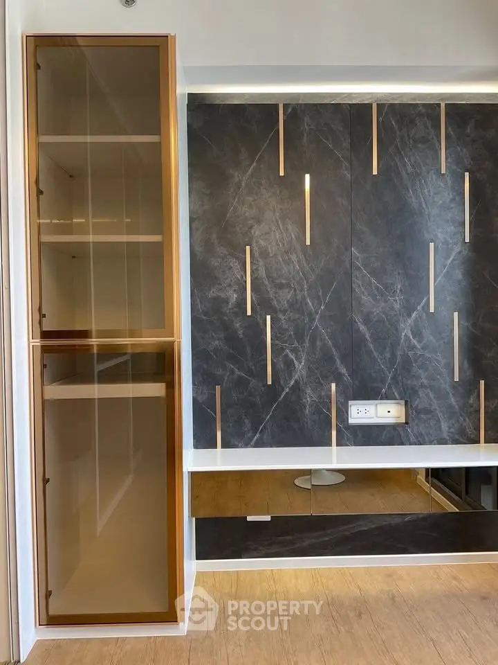 Modern interior with sleek built-in shelving and stylish wall paneling