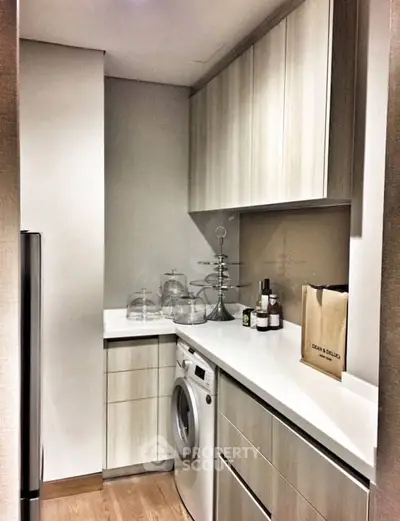 Modern utility room with sleek cabinetry and washing machine in a compact space.